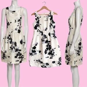 Eliza J Floral Aline Satin Sleeveless Dress Formal Ivory Black Shutter Pleated 6